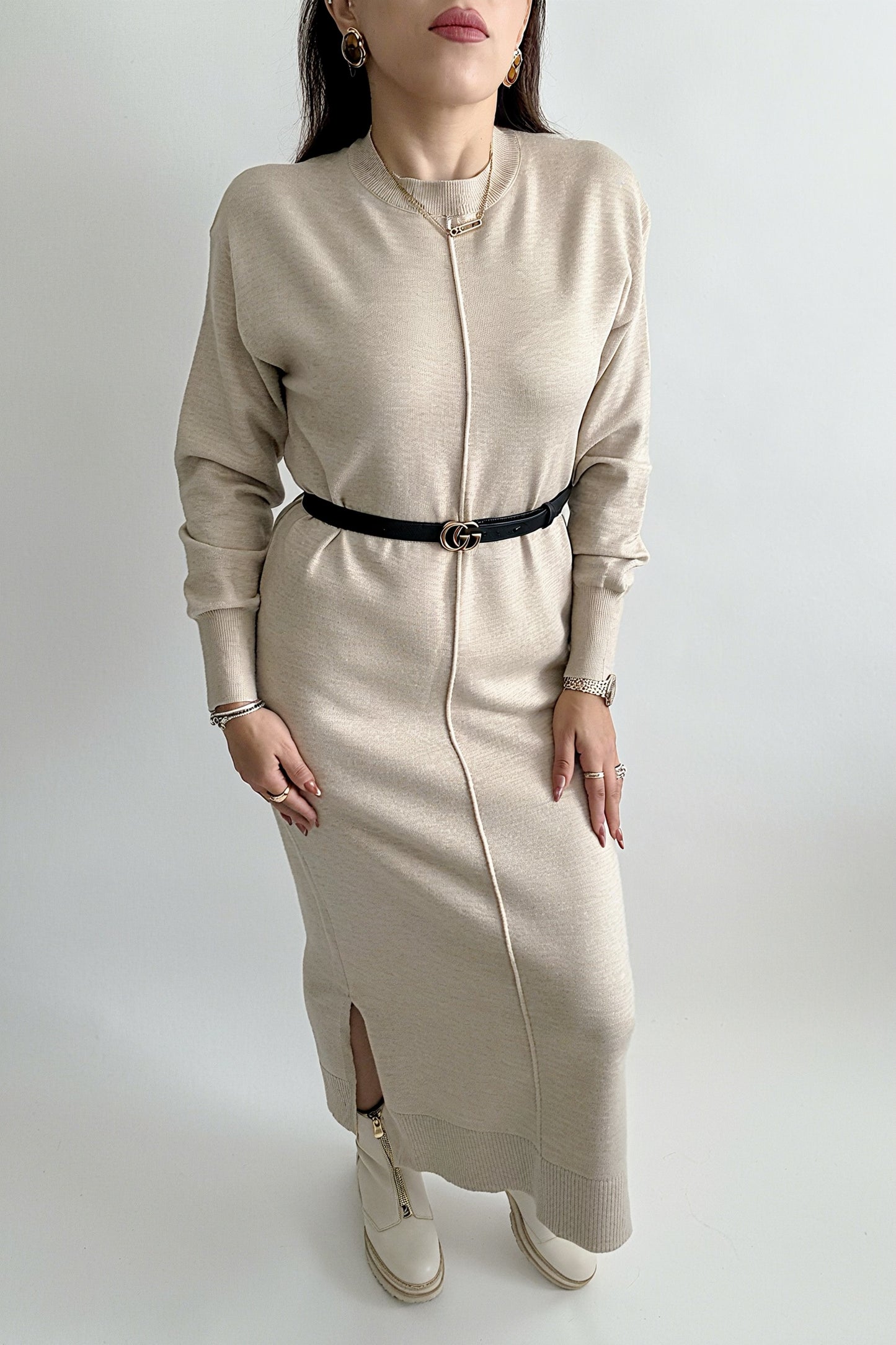 Robe Pull Femme en Tricot Viscose – Col Rond, Manche Longue, Coupe Ample