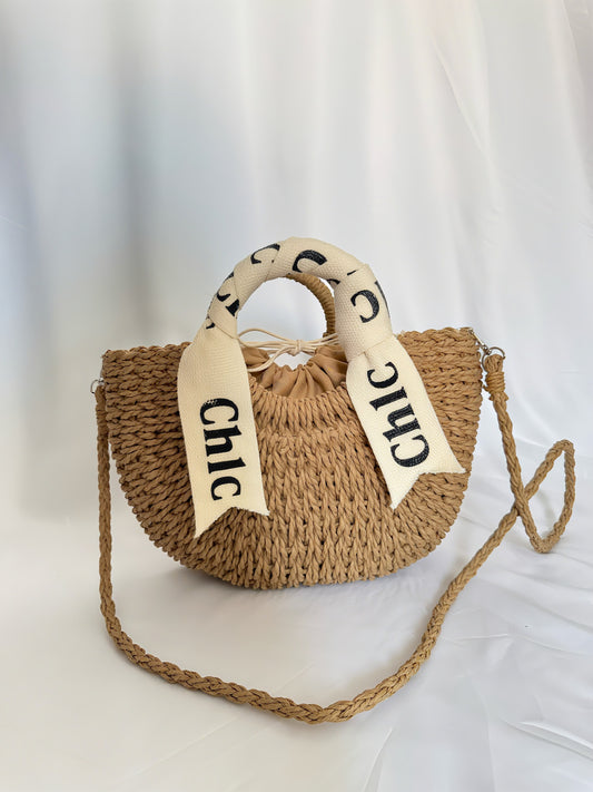 Sac Fourre-Tout en Paille Élégant avec Poignée Ronde et Ruban – Style Décontracté pour Plage ou Sorties | Bandoulière Amovible | Beige