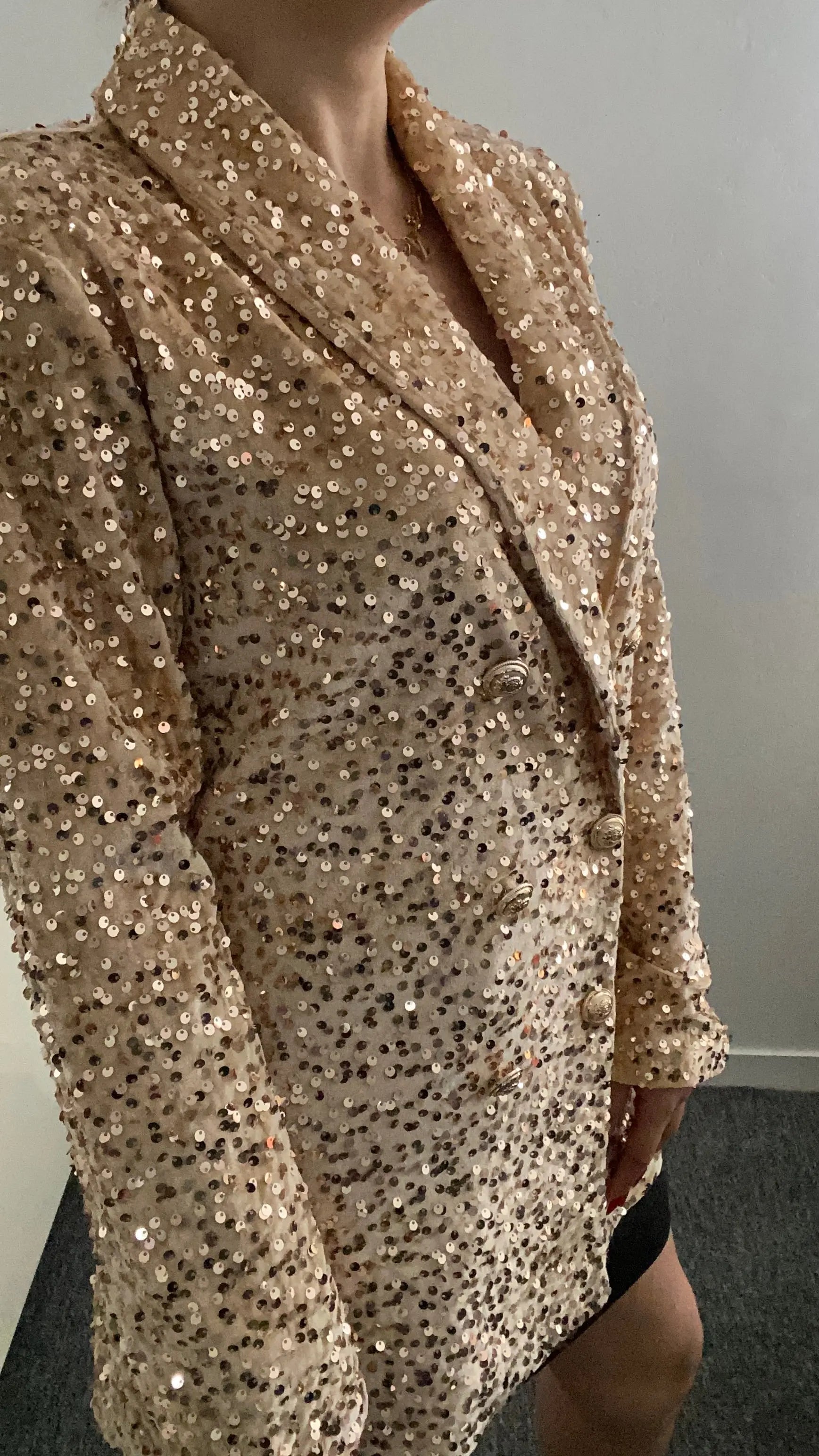 Blazer à paillettes élégant pour femme, veste tendance et brillante, idéale pour un look chic et festif. Parfait pour les soirées et événements spéciaux.