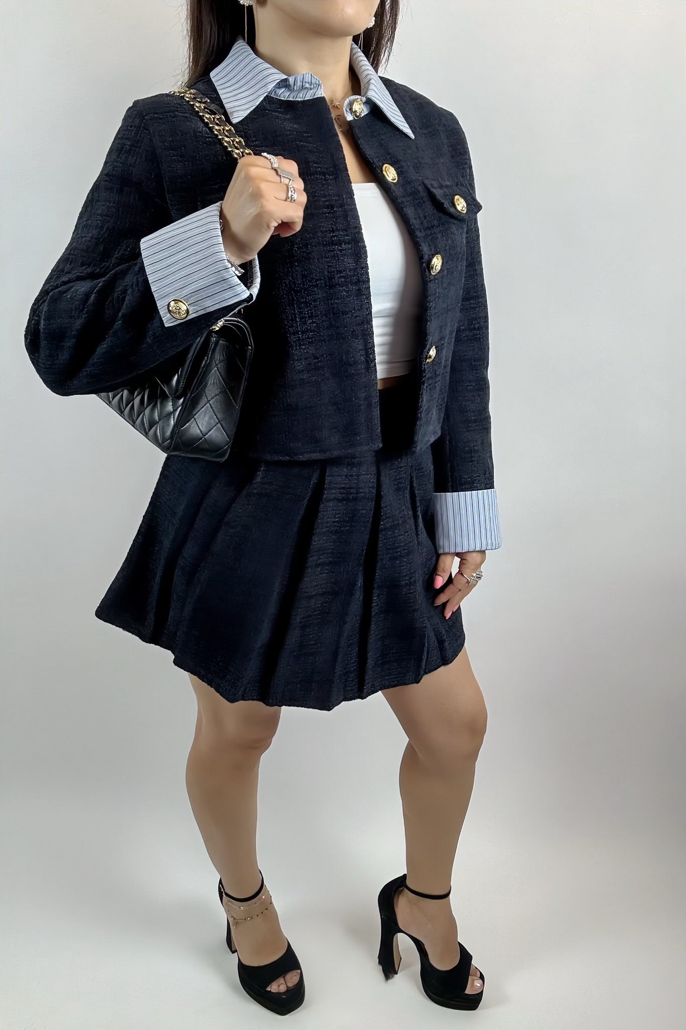 Ensemble 2 Pièces Femme – Veste Courte Chic & Jupe Plissée avec Short Intégré