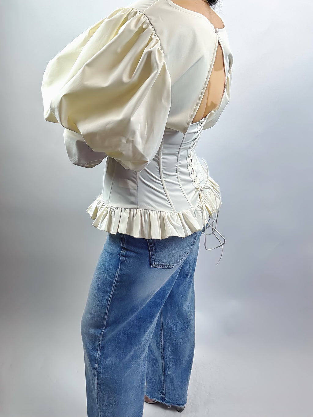 Chemisier Femme Élégant Plissé Col Carré – Manches Bouffantes Dos Nu | Haut Chic Printemps Été