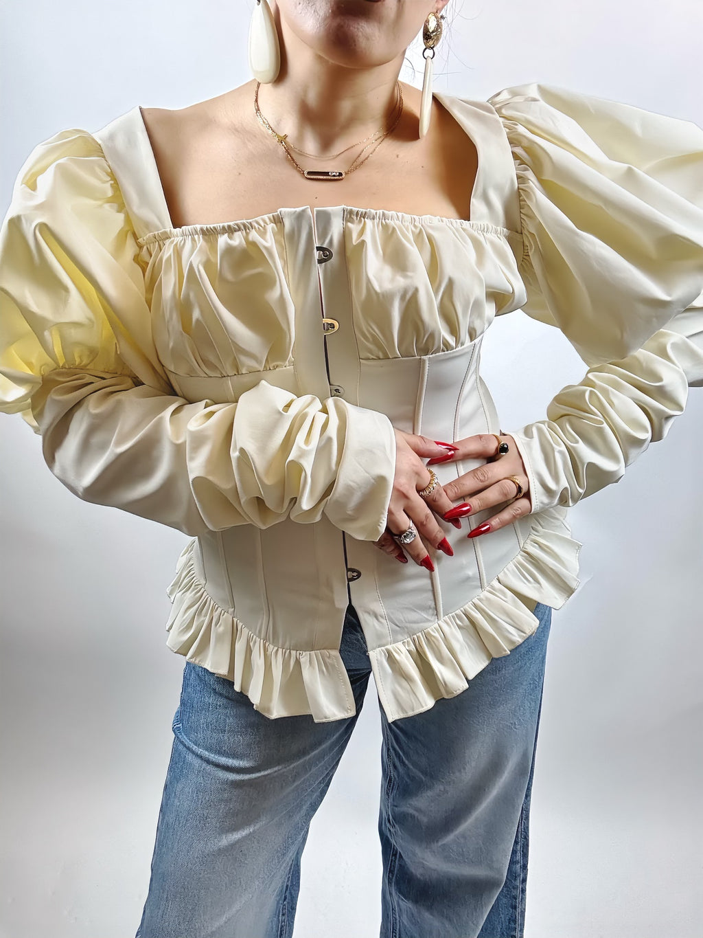 Chemisier Femme Élégant Plissé Col Carré – Manches Bouffantes Dos Nu | Haut Chic Printemps Été