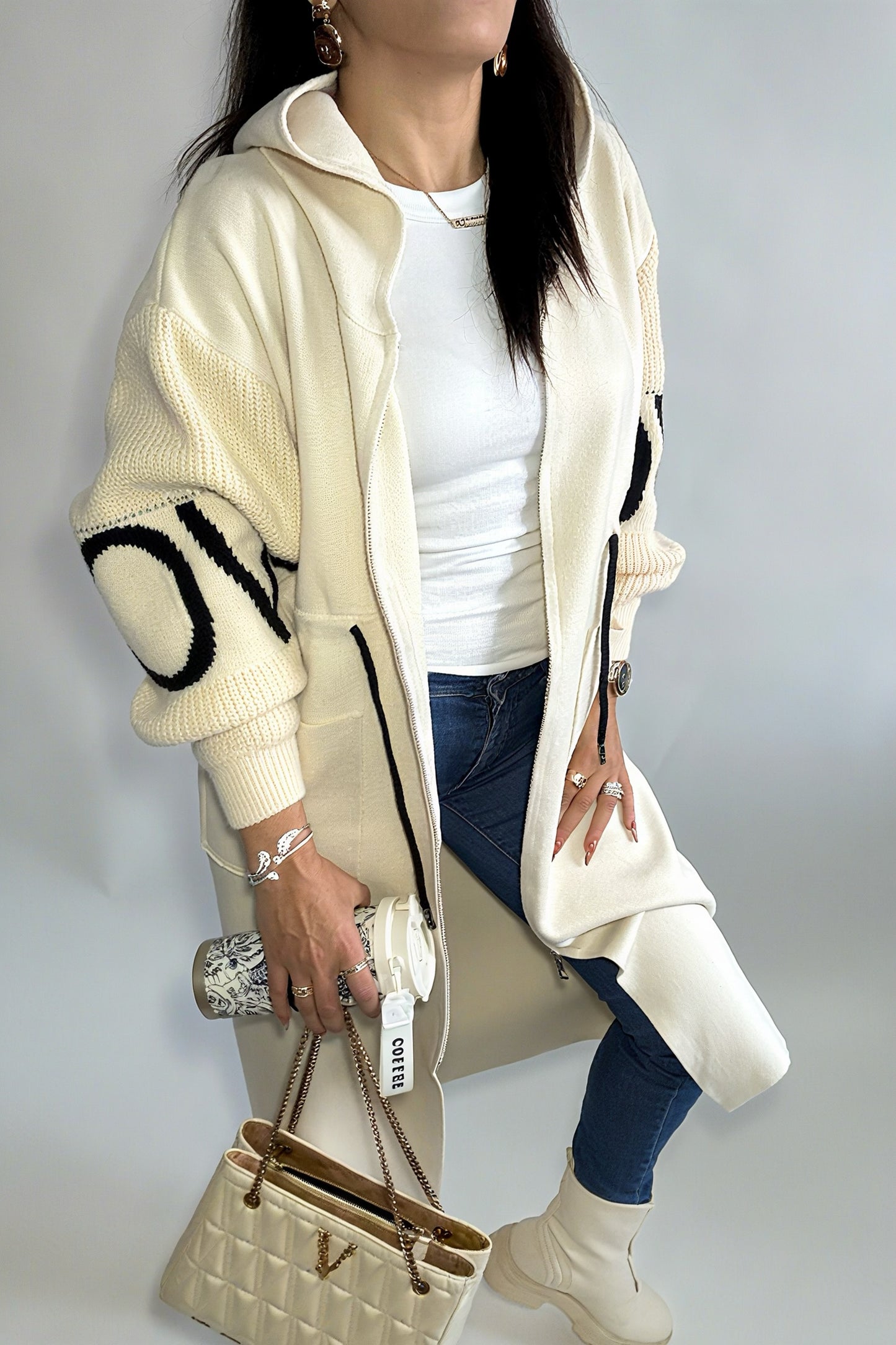 Cardigan à capuche beige pour femme – manches longues, cordon de serrage, style décontracté, vêtements d’extérieur printemps/automne/hiver