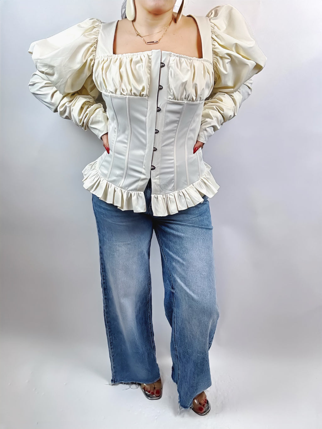 Chemisier Femme Élégant Plissé Col Carré – Manches Bouffantes Dos Nu | Haut Chic Printemps Été