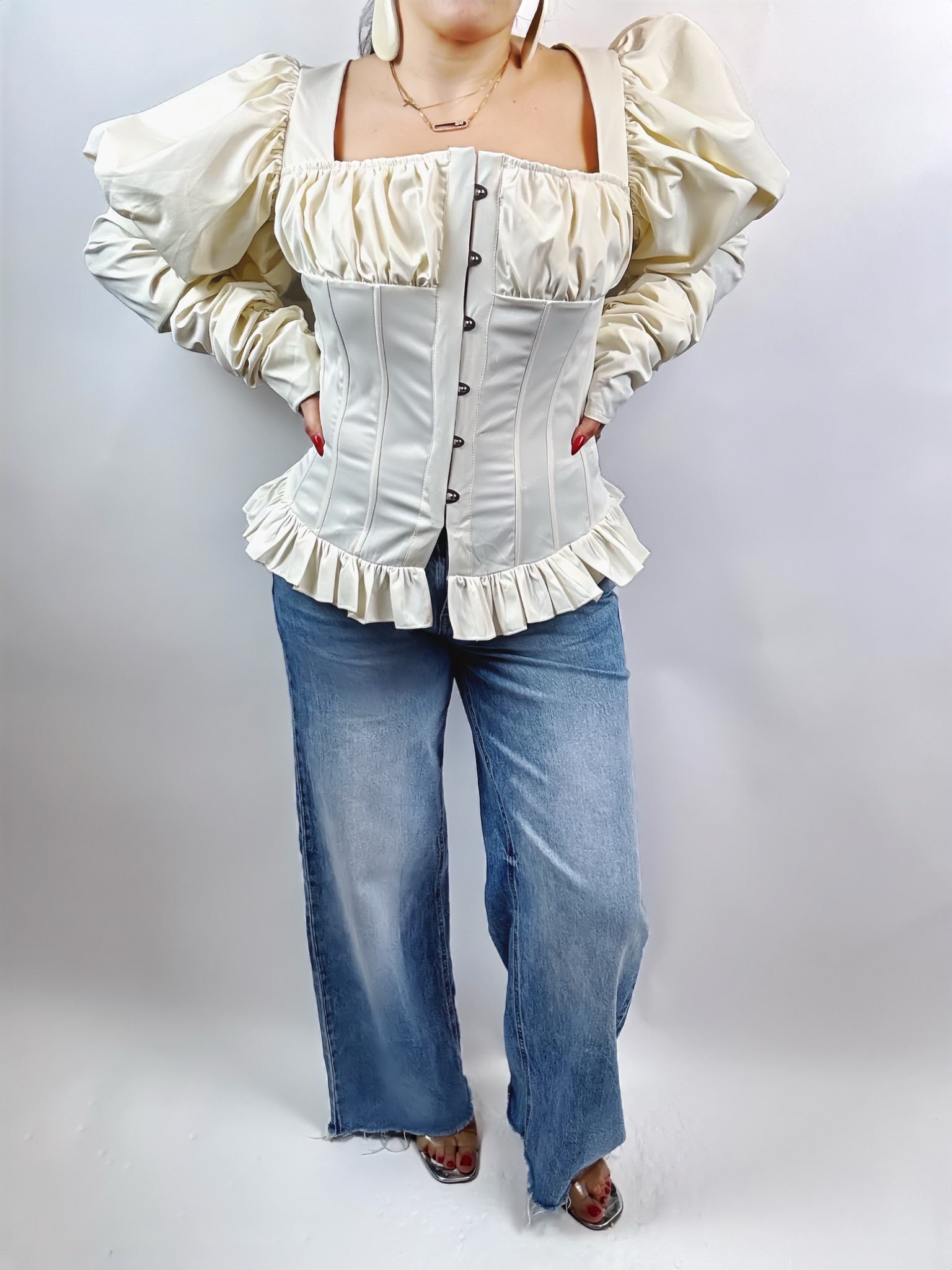 Chemisier Femme Élégant Plissé Col Carré – Manches Bouffantes Dos Nu | Haut Chic Printemps Été