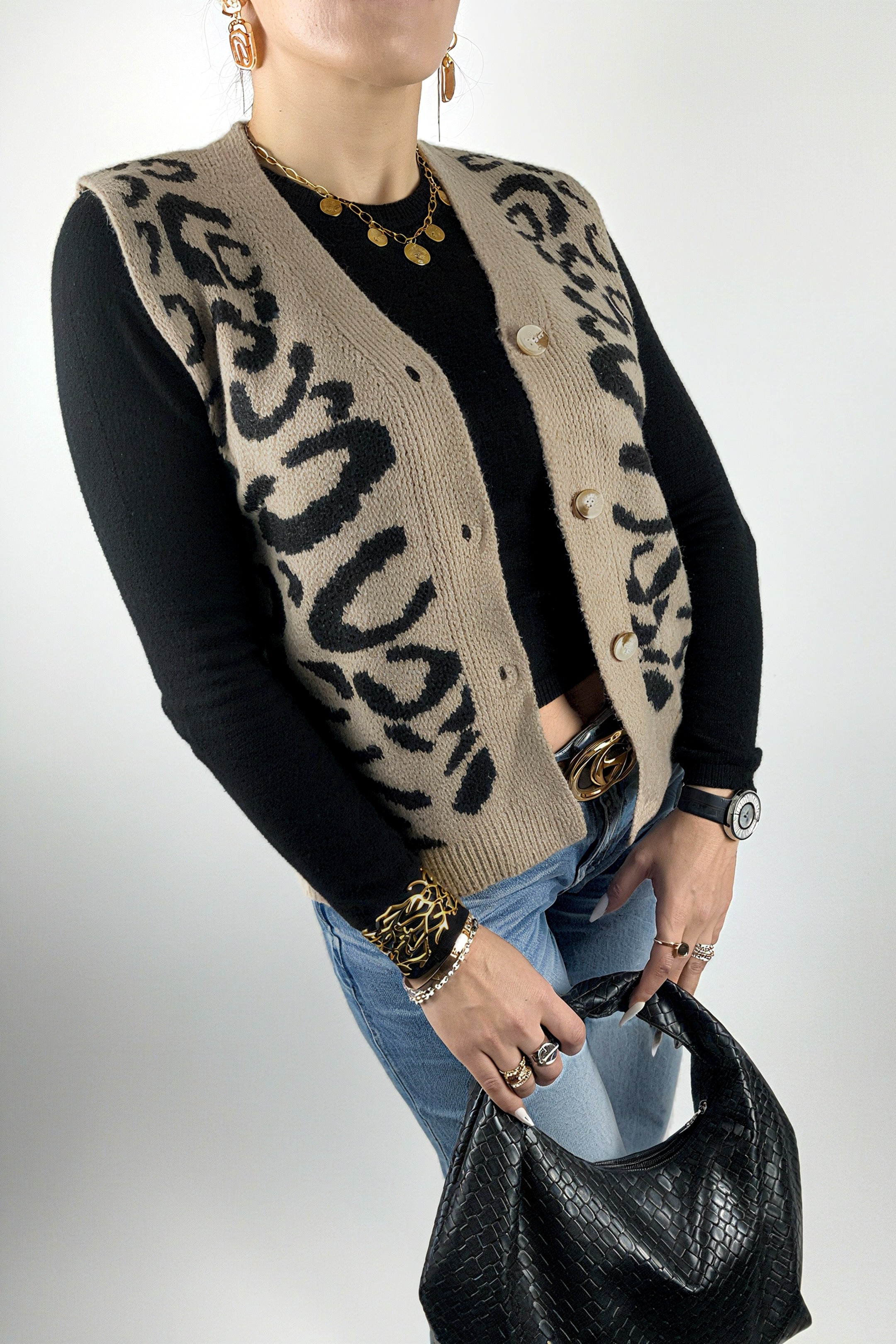 Gilet Femme Élégant à Imprimé Léopard – Col V Ouvert Boutonné, Sans Manches