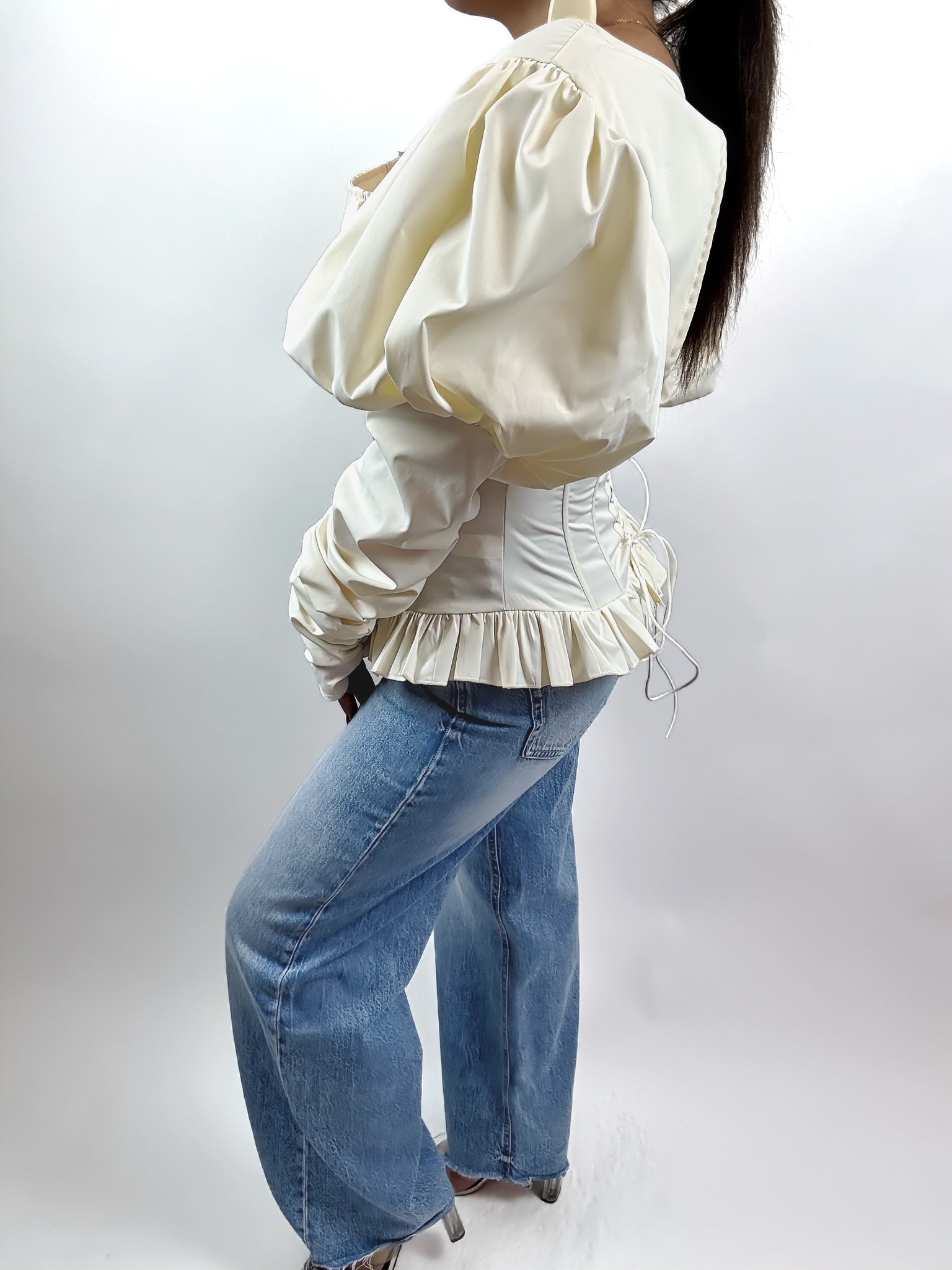 Chemisier Femme Élégant Plissé Col Carré – Manches Bouffantes Dos Nu | Haut Chic Printemps Été