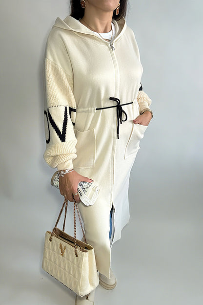 Cardigan à capuche beige pour femme – manches longues, cordon de serrage, style décontracté, vêtements d’extérieur printemps/automne/hiver