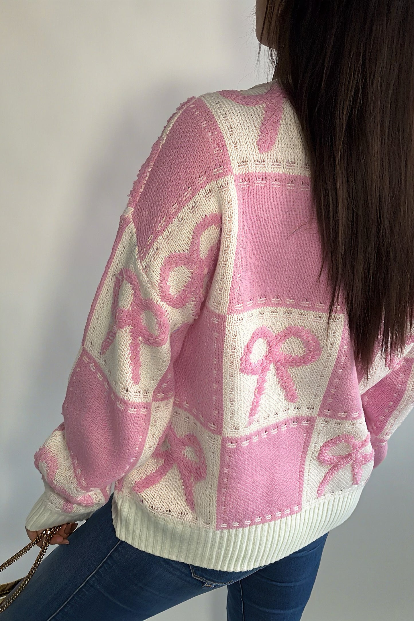 Pull à col rond manches longues patchwork 3D nœud