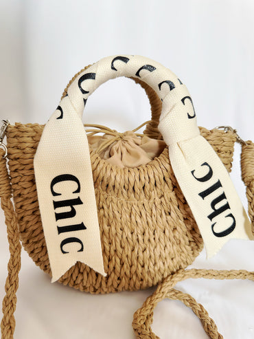 Sac Fourre-Tout en Paille Élégant avec Poignée Ronde et Ruban – Style Décontracté pour Plage ou Sorties | Bandoulière Amovible | Beige