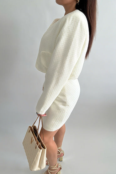Ensemble Femme 2 Pièces Élégant – Jupe Courte avec Perles & Haut Manches Longues Chic
