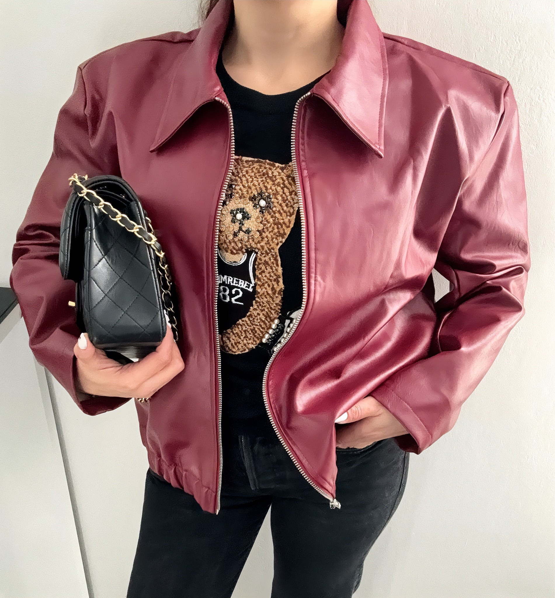 Veste en similicuir Bordeaux oversize, tendance 2025 - ARMINE'S STYLE HUB