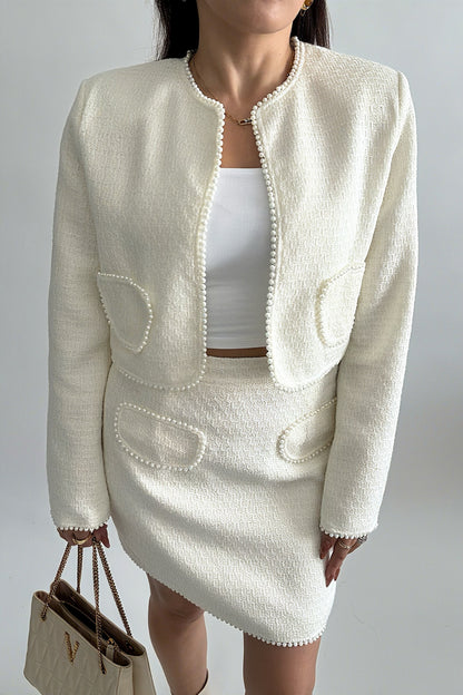 Ensemble Femme 2 Pièces Élégant – Jupe Courte avec Perles & Haut Manches Longues Chic