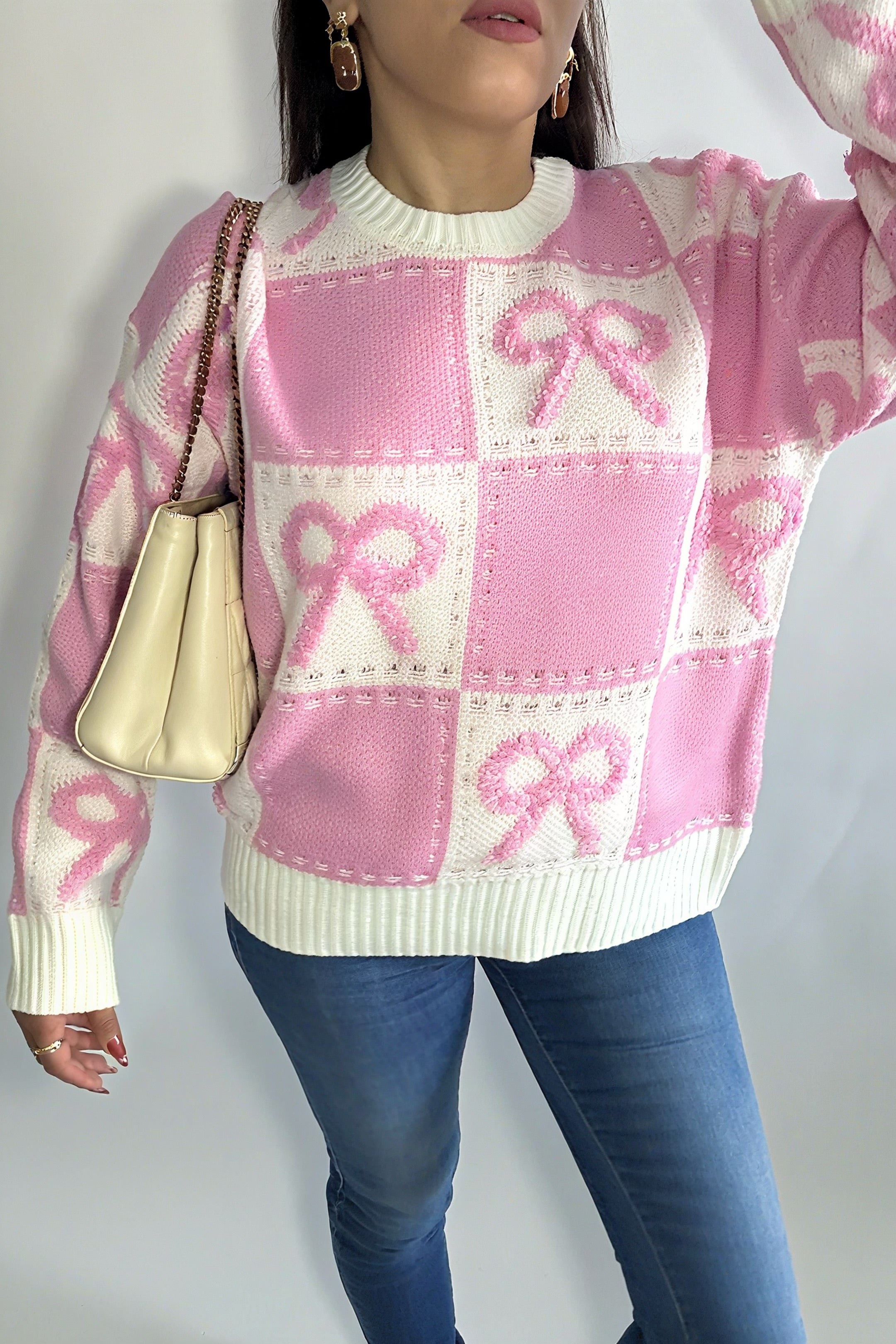 Pull à col rond manches longues patchwork 3D nœud