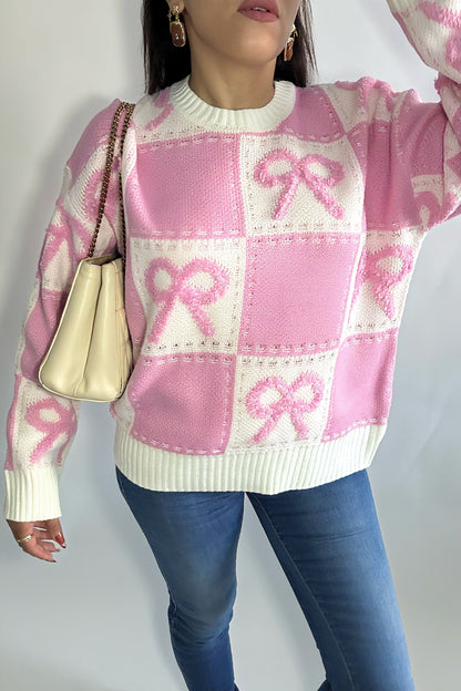 Pull à col rond manches longues patchwork 3D nœud