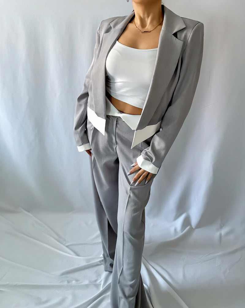 Ensemble Tailleur Blazer Court + Pantalon Taille Haute Large - Chic et Moderne