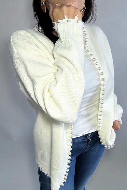 Cardigan femme élégant en maille – bordure de perles & ourlet effiloché, gilet chic toutes saisons