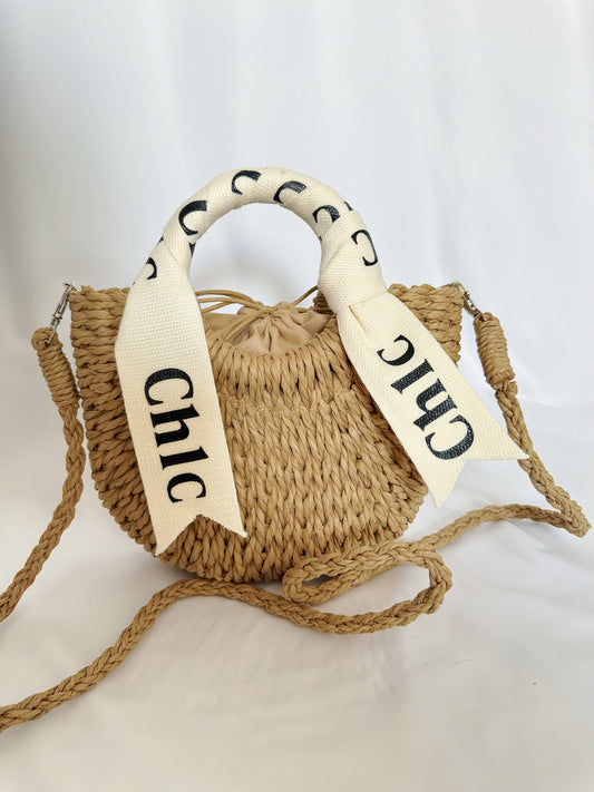 Sac Fourre-Tout en Paille Élégant avec Poignée Ronde et Ruban – Style Décontracté pour Plage ou Sorties | Bandoulière Amovible | Beige
