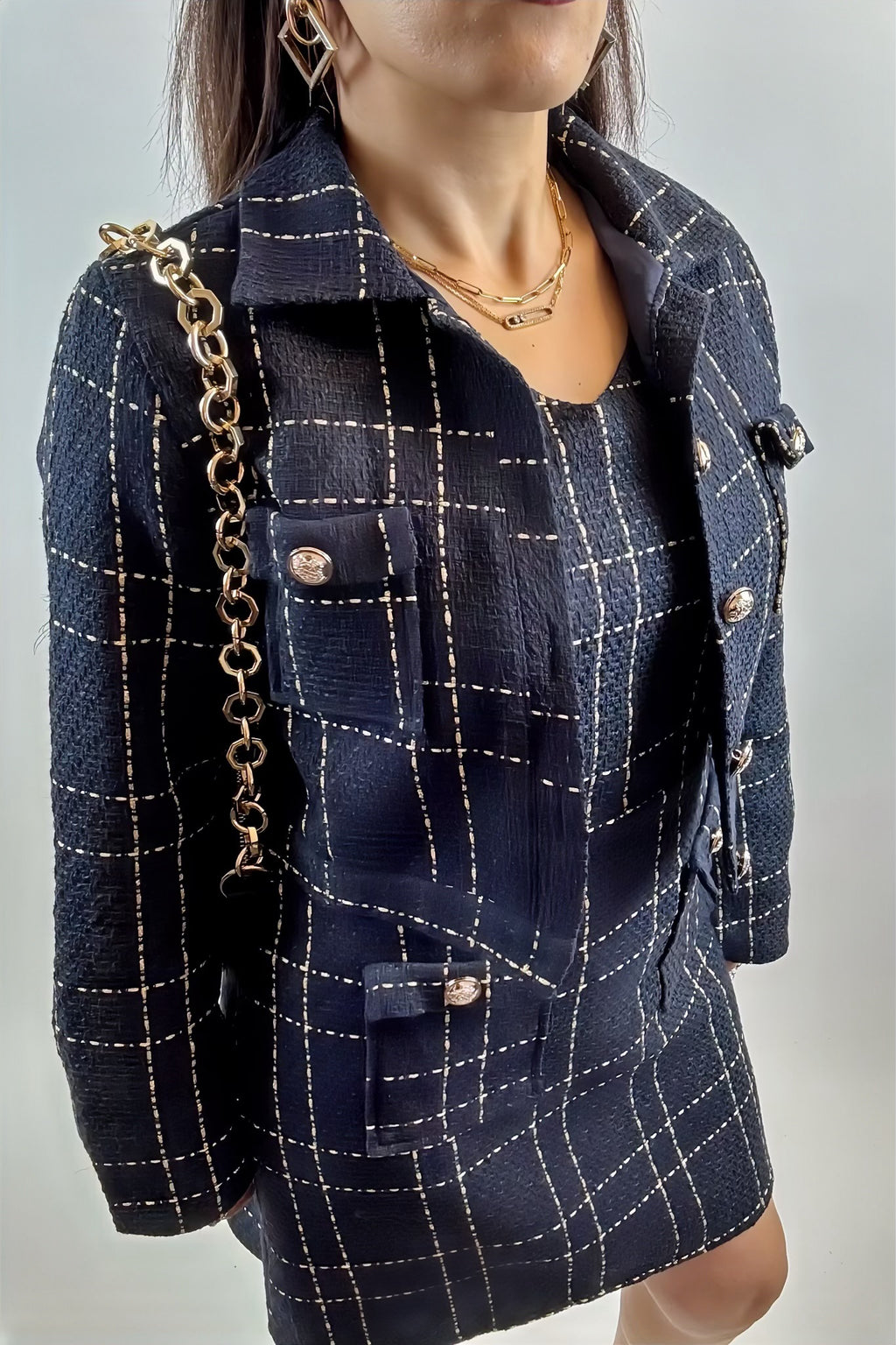 Ensemble Élégant 2 Pièces Femme – Blazer Court Chic & Robe Bleu Marine