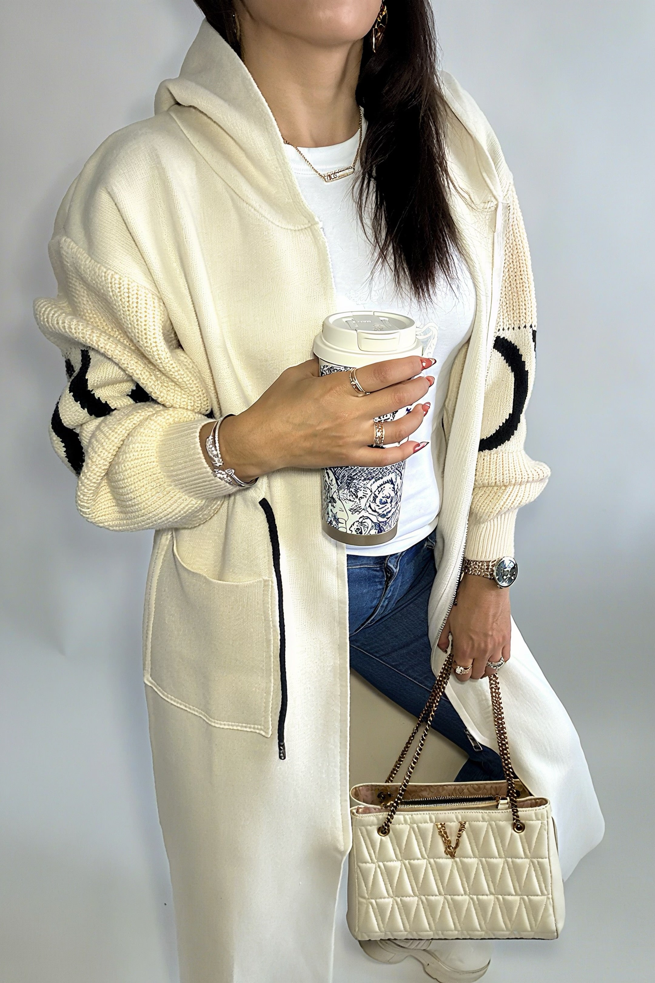 Cardigan à capuche beige pour femme – manches longues, cordon de serrage, style décontracté, vêtements d’extérieur printemps/automne/hiver