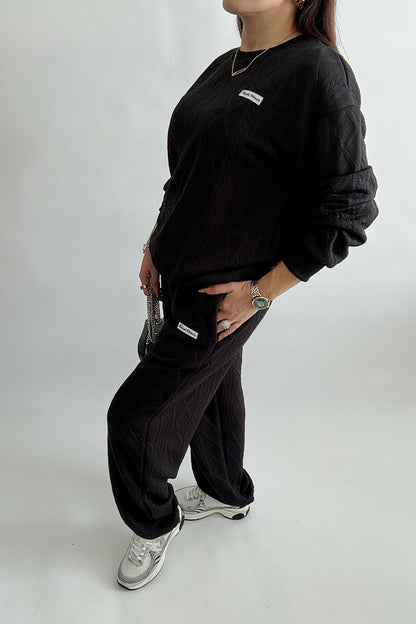 Ensemble Femme Décontracté 2 Pièces – Sweat-Shirt & Pantalon Texturé à Manches Longues