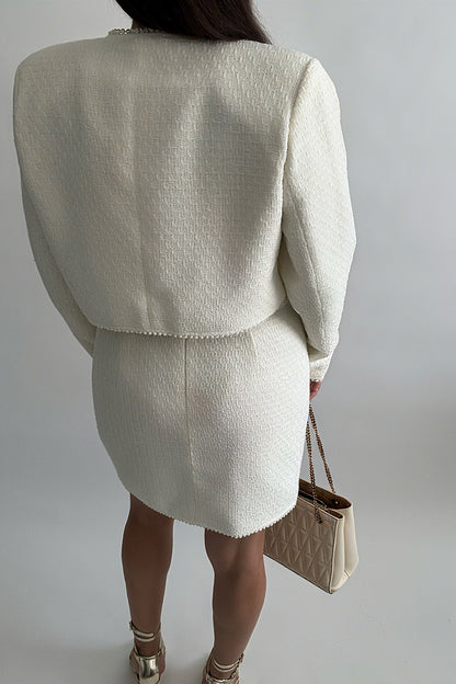 Ensemble Femme 2 Pièces Élégant – Jupe Courte avec Perles & Haut Manches Longues Chic