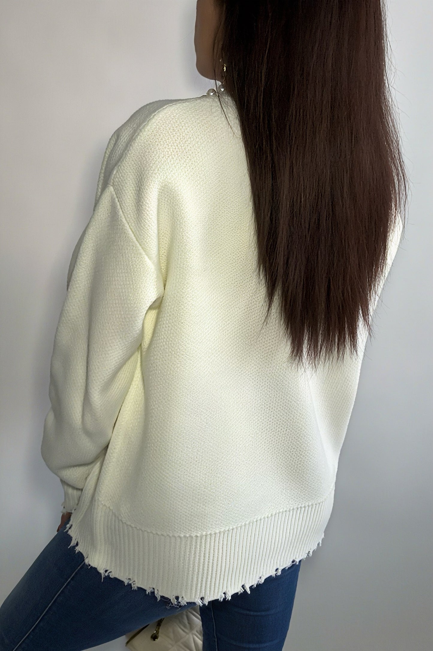 Cardigan femme élégant en maille – bordure de perles & ourlet effiloché, gilet chic toutes saisons