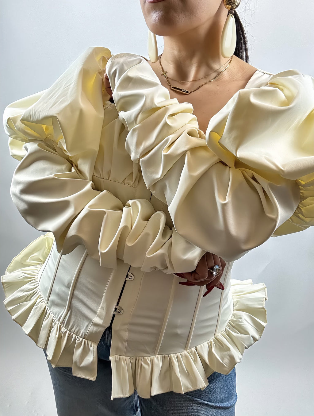 Chemisier Femme Élégant Plissé Col Carré – Manches Bouffantes Dos Nu | Haut Chic Printemps Été