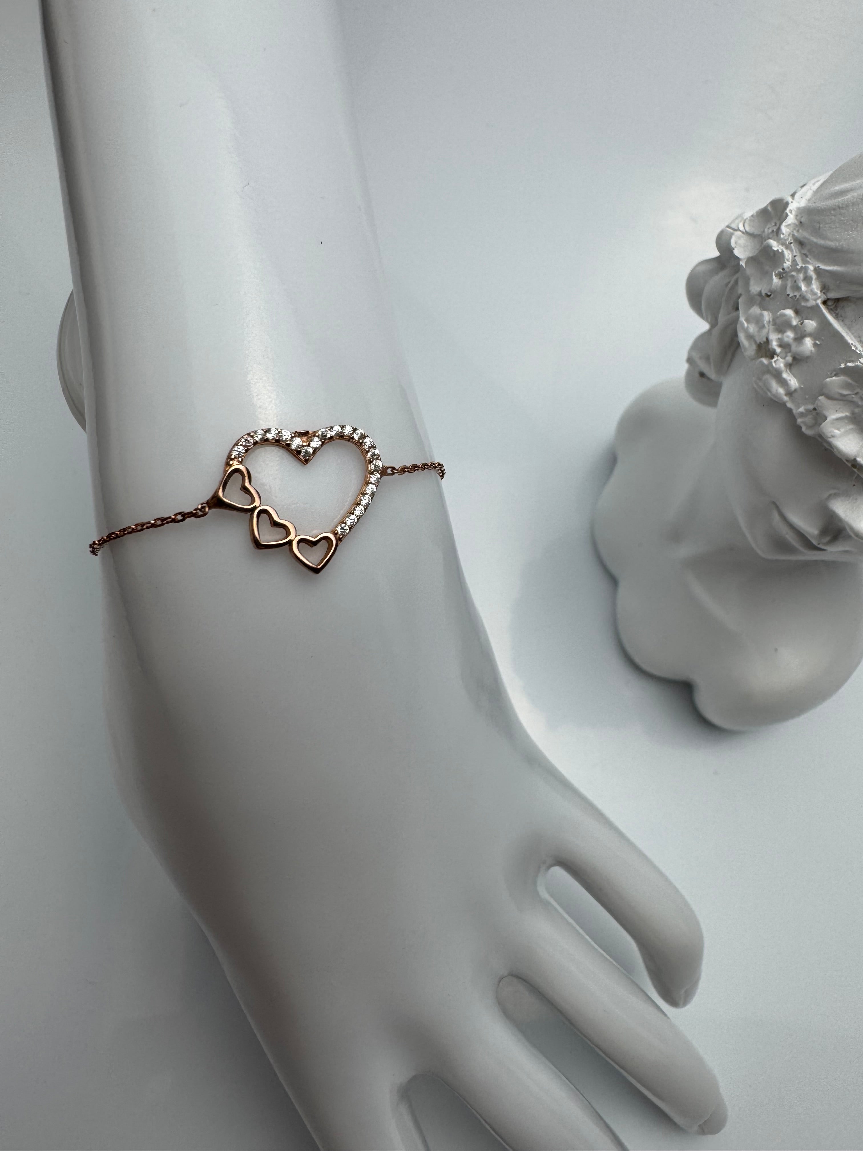 Bracelet Coeur - argent 925 plaqué or 22K roses Zircone