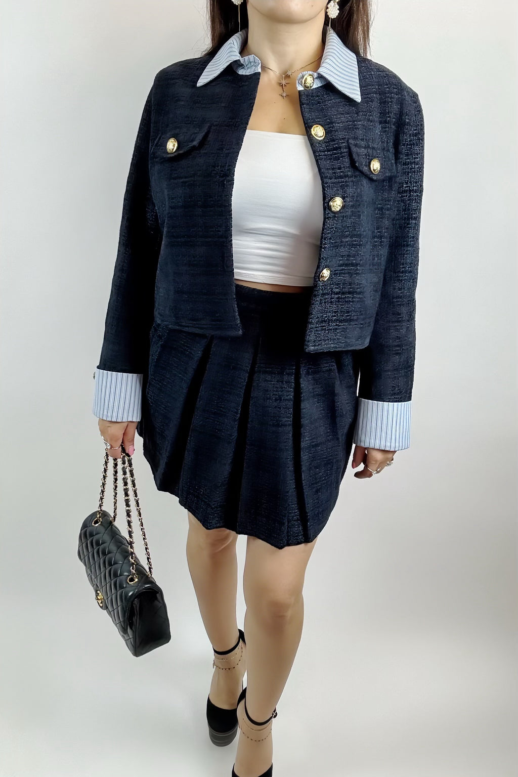 Ensemble 2 Pièces Femme – Veste Courte Chic & Jupe Plissée avec Short Intégré