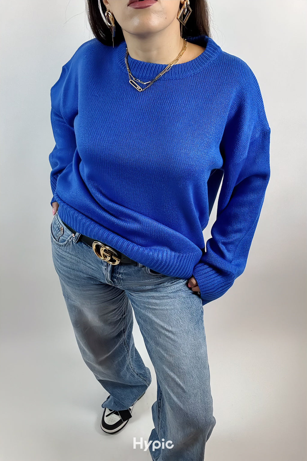 Pull Élégant Femme Bleu Uni – Col Rond, Manches Longues, Chaud Hiver