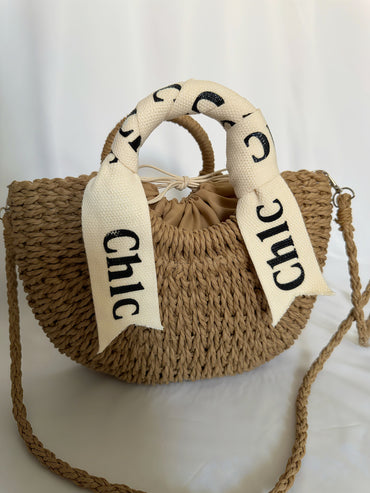 Sac Fourre-Tout en Paille Élégant avec Poignée Ronde et Ruban – Style Décontracté pour Plage ou Sorties | Bandoulière Amovible | Beige