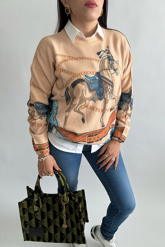 Pull Vintage Femme à Blocs de Couleurs – Motif Cheval & Floral, Coupe Ample