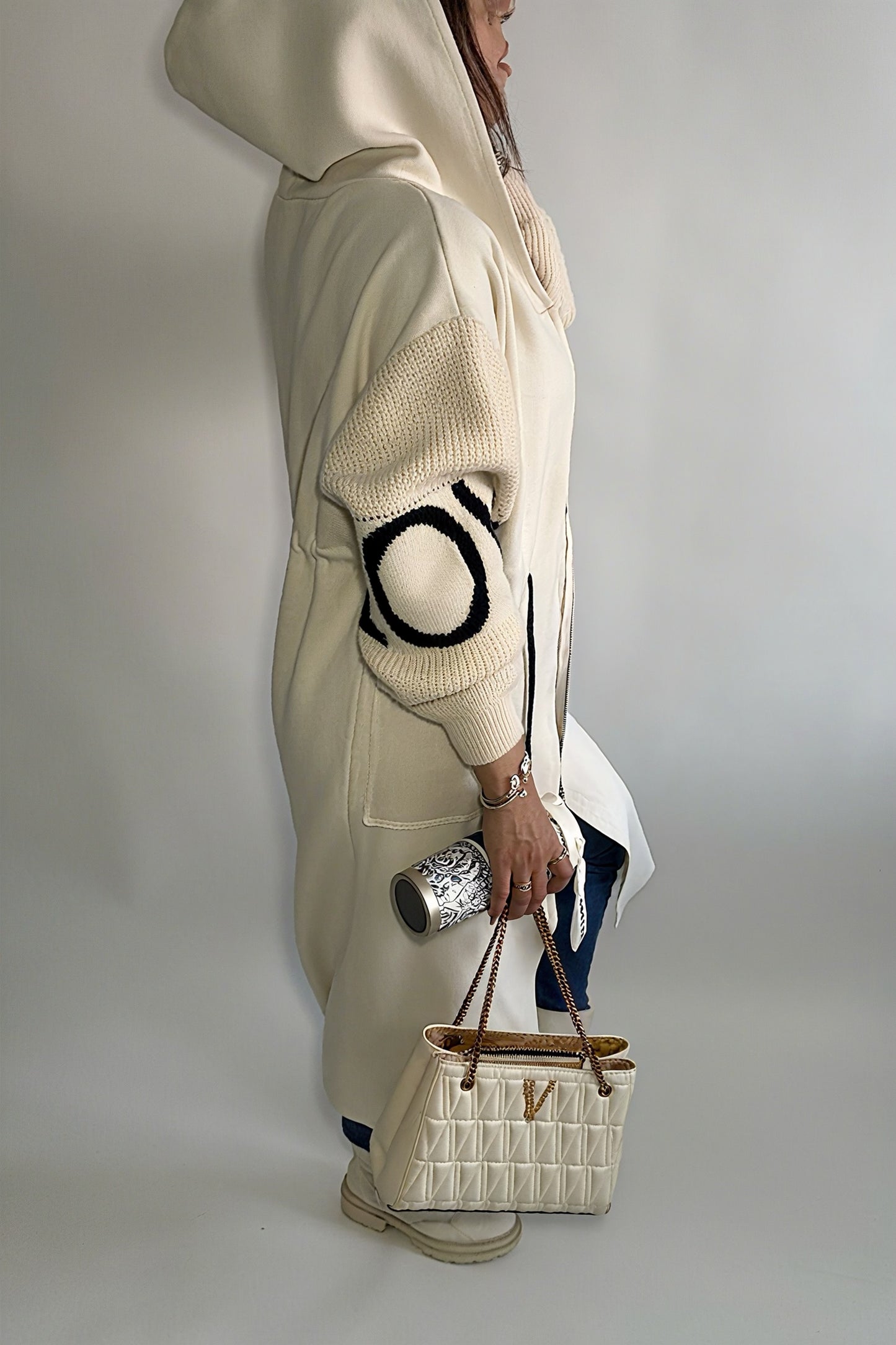Cardigan à capuche beige pour femme – manches longues, cordon de serrage, style décontracté, vêtements d’extérieur printemps/automne/hiver
