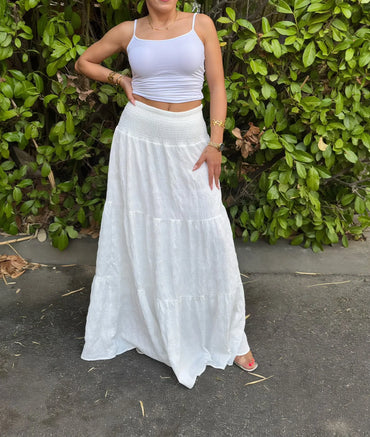 Jupe Longue Blanche Élégante  – Taille Haute, Ourlet à Volants – Printemps & Été ARMINE'S STYLE HUB