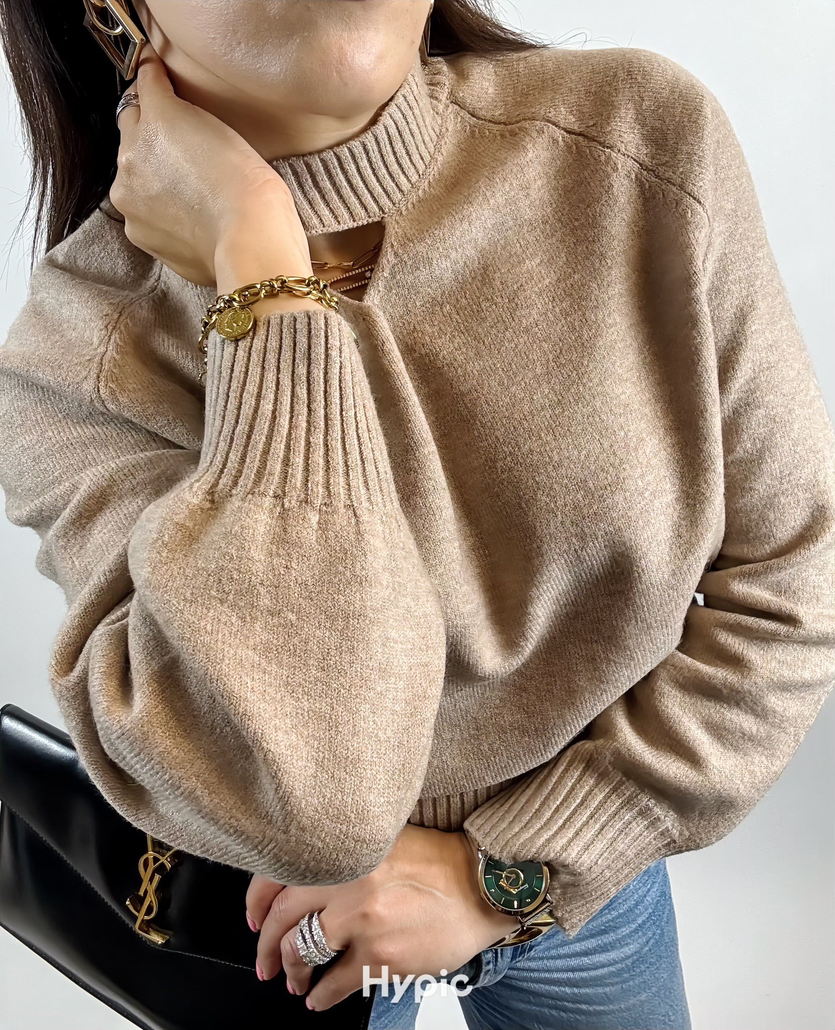 Pull Élégant Femme Beige – Col Rond, Boutons Devant, Manches Longues, Style Légèrement Oversize