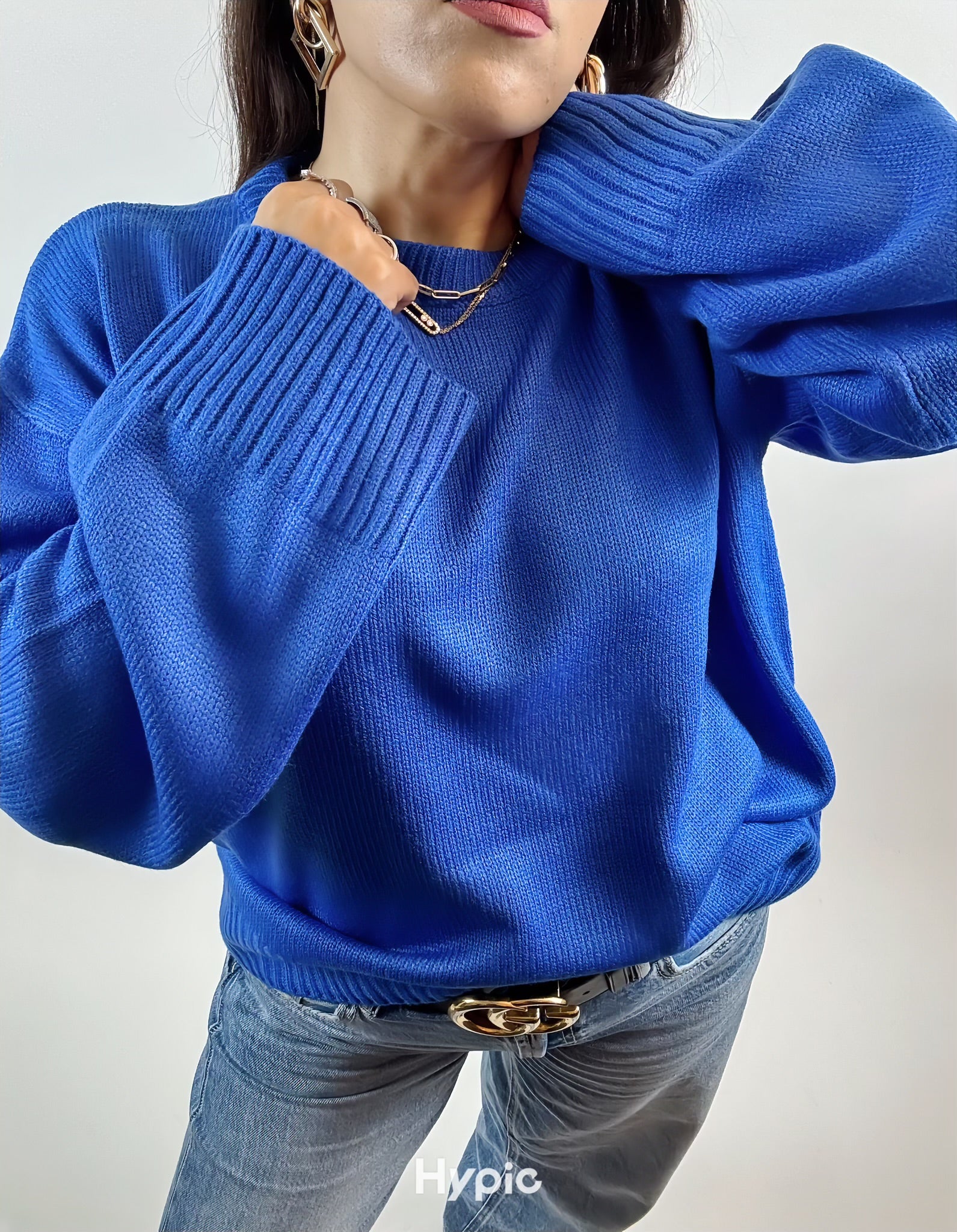 Pull Élégant Femme Bleu Uni – Col Rond, Manches Longues, Chaud Hiver