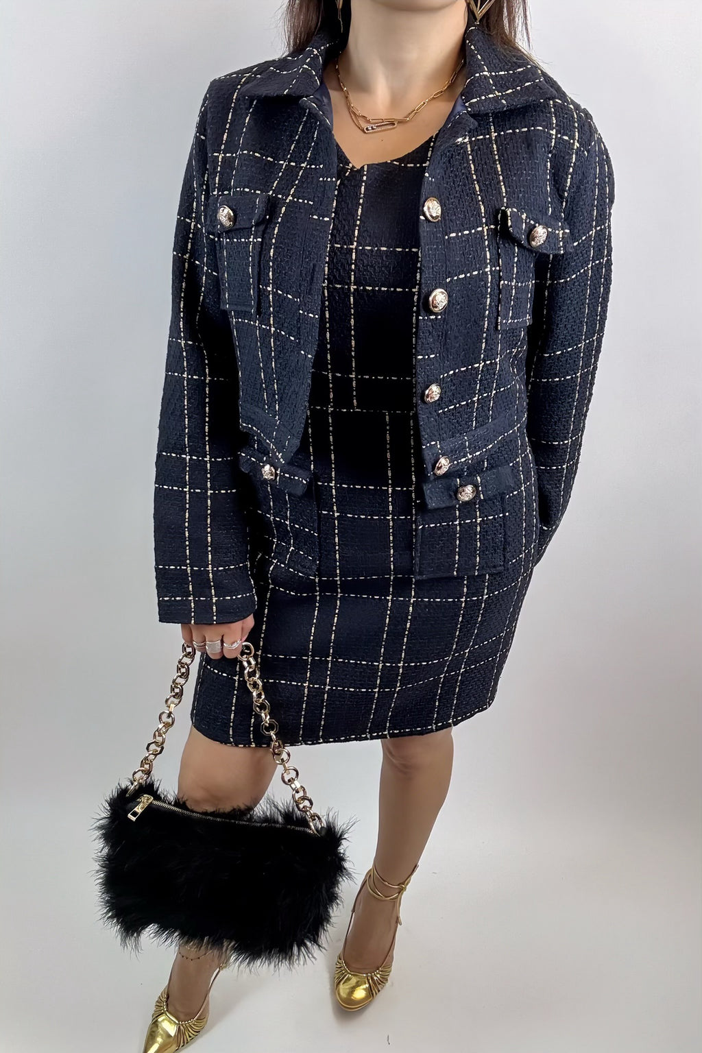 Ensemble Élégant 2 Pièces Femme – Blazer Court Chic & Robe Bleu Marine