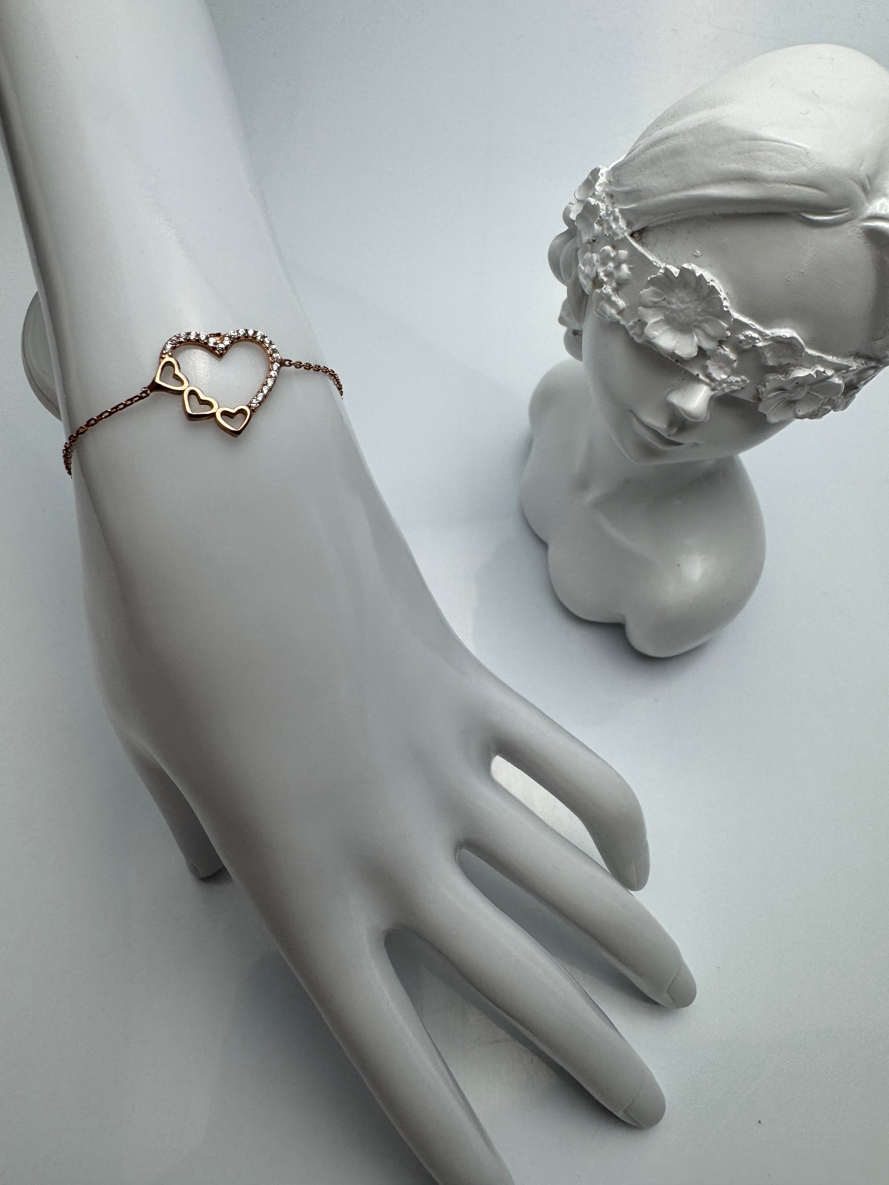 Bracelet Coeur - argent 925 plaqué or 22K roses Zircone