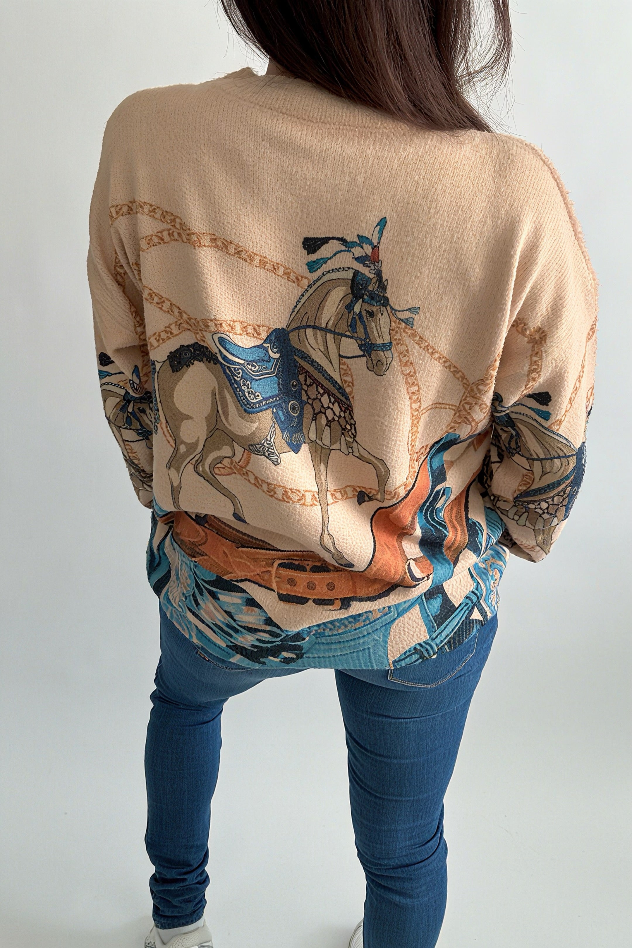 Pull Vintage Femme à Blocs de Couleurs – Motif Cheval & Floral, Coupe Ample