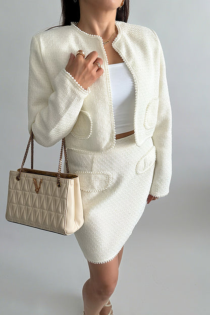Ensemble Femme 2 Pièces Élégant – Jupe Courte avec Perles & Haut Manches Longues Chic