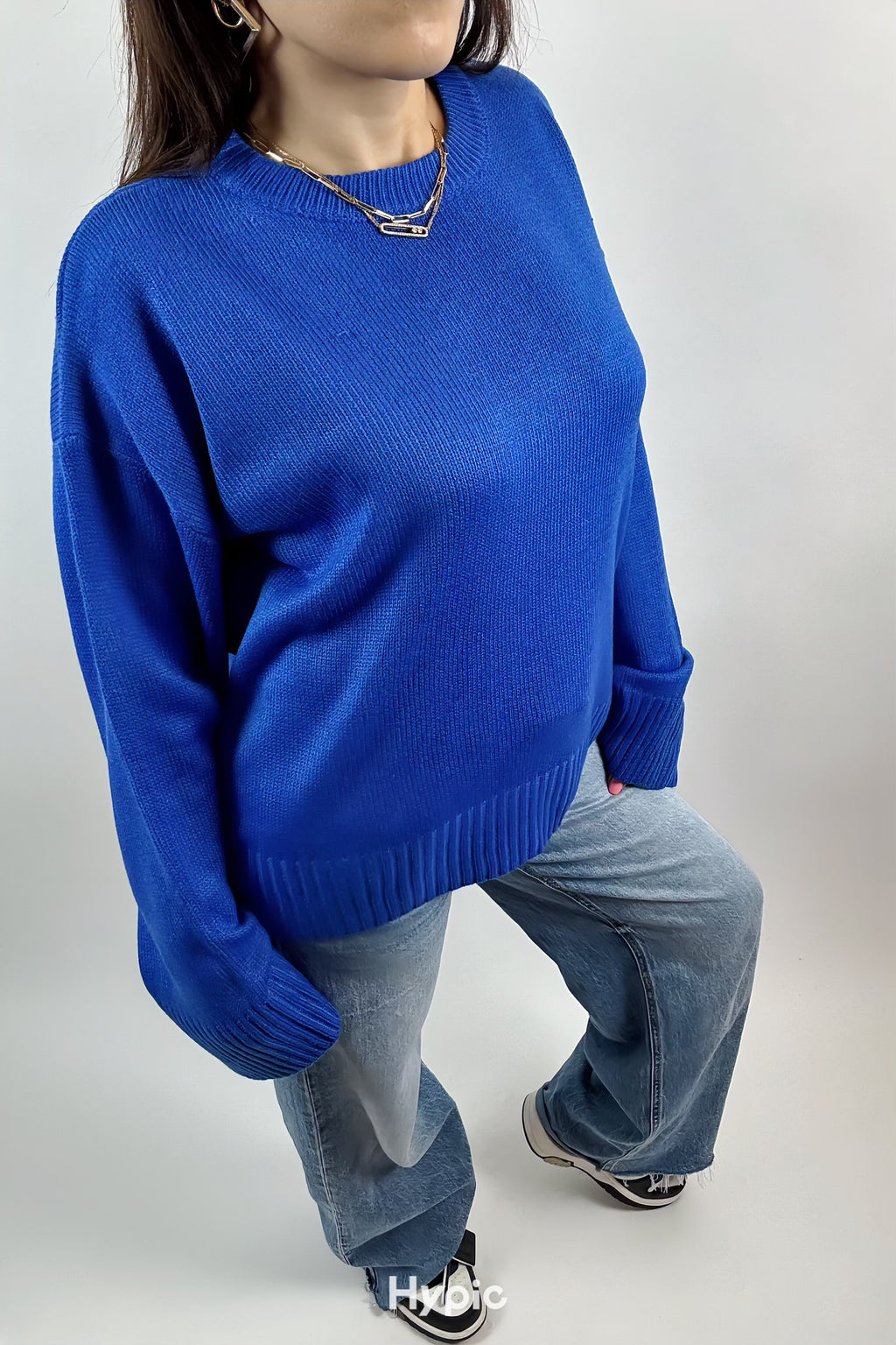 Pull Élégant Femme Bleu Uni – Col Rond, Manches Longues, Chaud Hiver