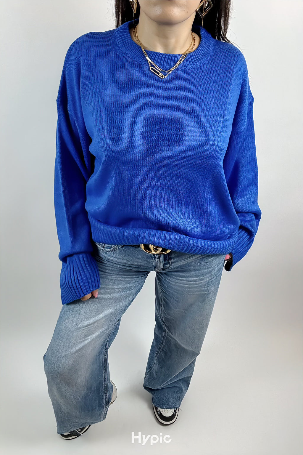 Pull Élégant Femme Bleu Uni – Col Rond, Manches Longues, Chaud Hiver