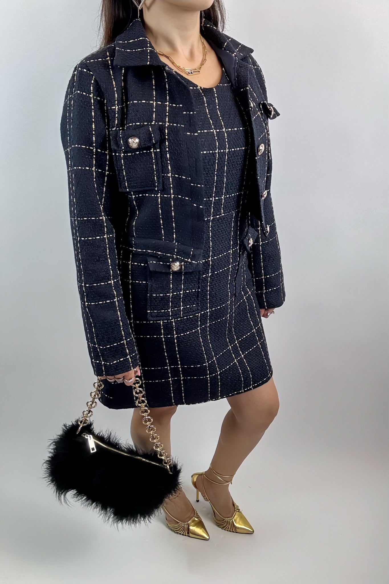 Ensemble Élégant 2 Pièces Femme – Blazer Court Chic & Robe Bleu Marine