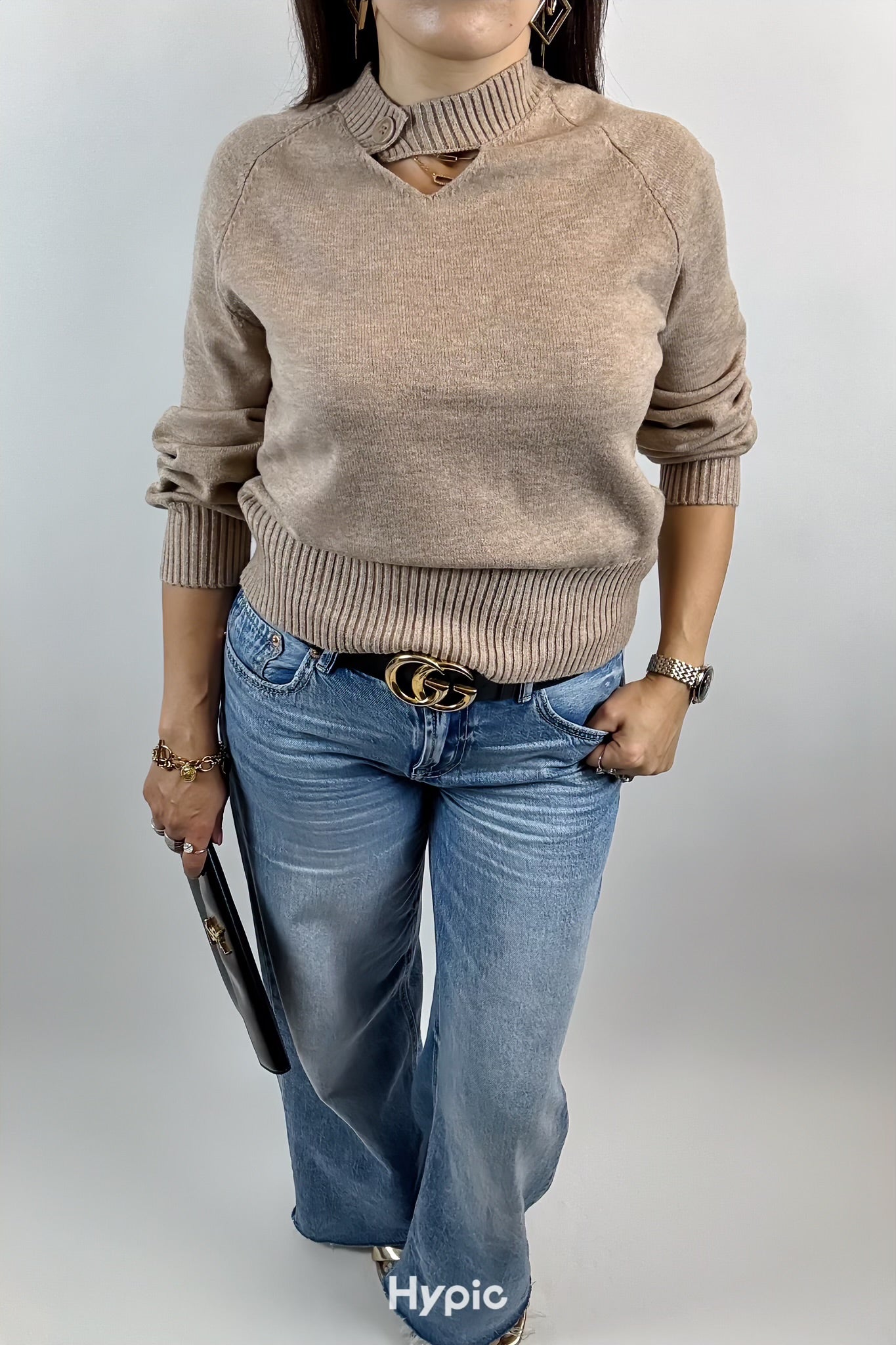 Pull Élégant Femme Beige – Col Rond, Boutons Devant, Manches Longues, Style Légèrement Oversize