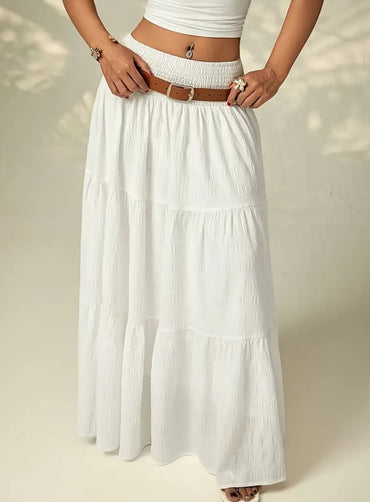 Jupe Maxi Plissée Blanche Élégante  – Taille Haute, Ourlet à Volants – Printemps & Été