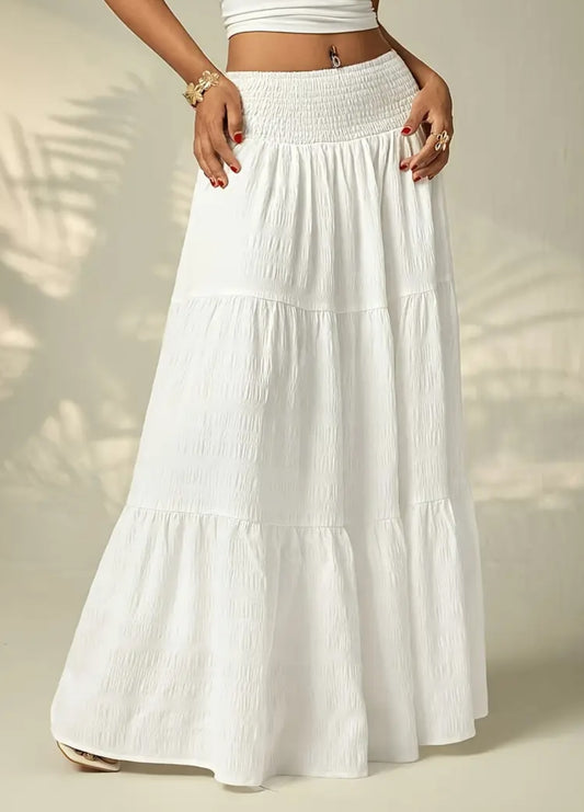 Jupe Maxi Plissée Blanche Élégante  – Taille Haute, Ourlet à Volants – Printemps & Été