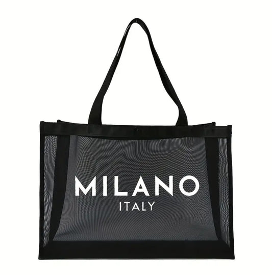 Sac Fourre-Tout en Nylon Grande Capacité avec Imprimé Alphabet – Noir | Idéal pour la Plage, les Courses ou un Usage Quotidien
