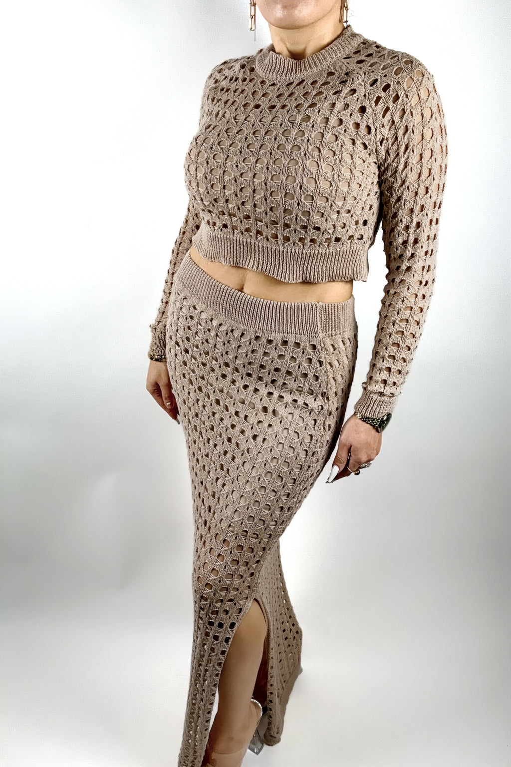 Ensemble deux pièces crochet femme - Crop top + jupe longue taille haute