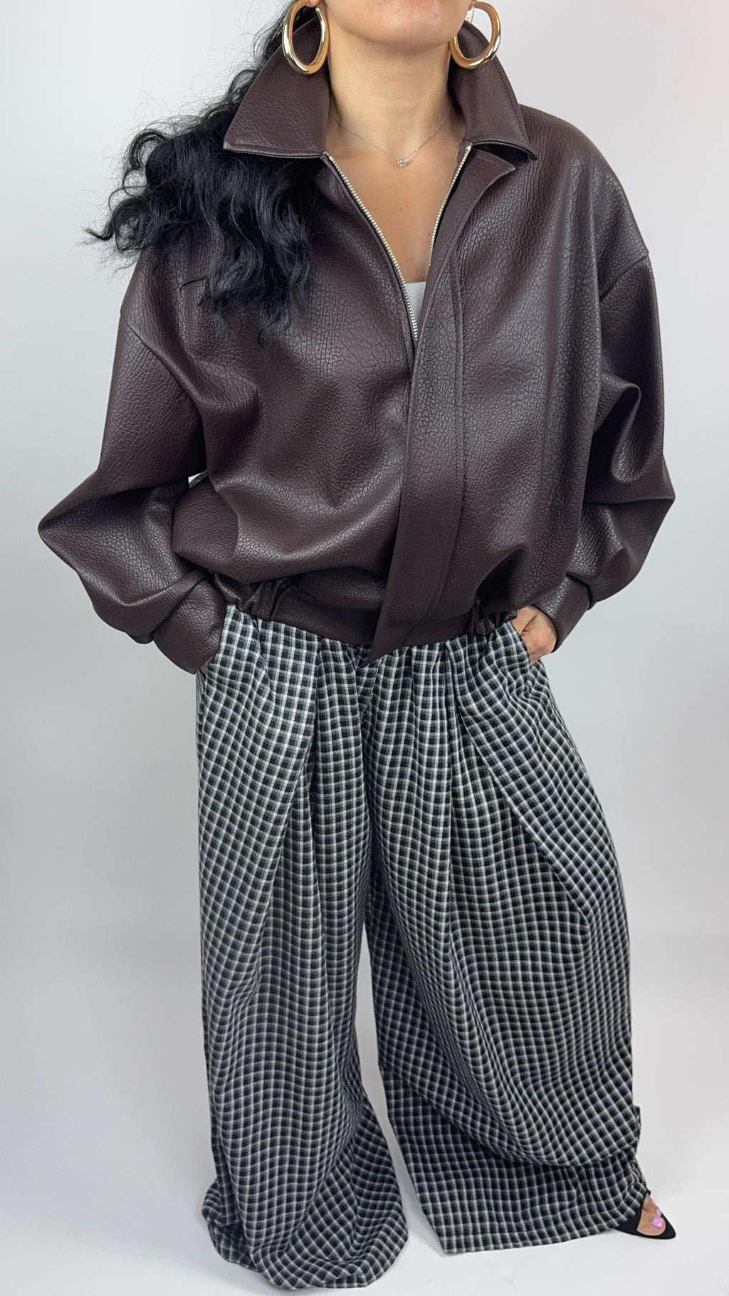 Veste Bomber Oversize en Similicuir Chocolat – Élégance & Tendance